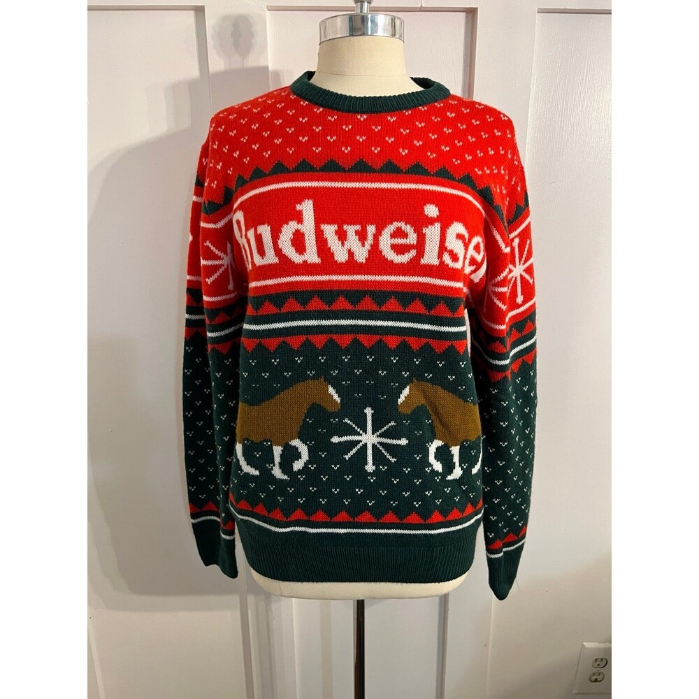 Official Budweiser Clydesdales Red Green Knit Ugly Christmas Sweater Size M